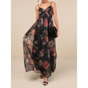 Lulu's Black Floral Maxi Dress with Pink and Red Blooms Never Worn